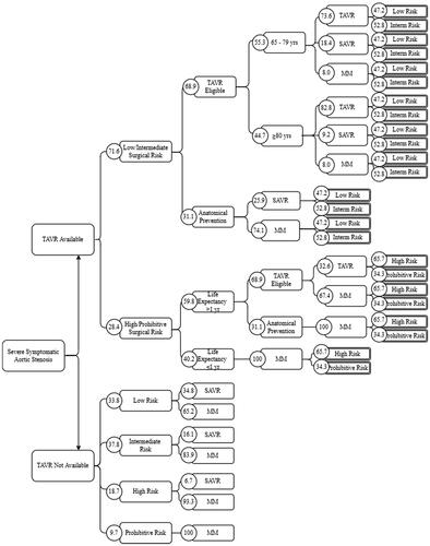 Figure 1. State-of-the-art decision tree. All lines indicate branches of the decision tree. The rectangular nodes name each branch, and the values in each associated circle indicate the percentage of the previous branch that moves into subsequent nodes. Abbreviations: MM, medical management; SAVR, surgical aortic valve replacement; TAVR, transcatheter aortic valve replacement.