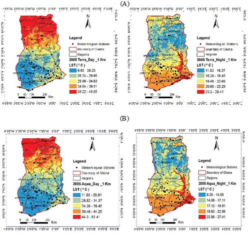 Figure 4. (A) spatial distribution of 1 km terra MODIS daytime, and nighttime LSTs of 2005. (B) Spatial Distribution of 1 km Aqua MODIS Daytime, and Nighttime LSTs of 2005 in degrees Celsius