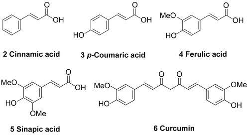 Figure 1.  Chemical structures of cinnamic acid (2), p-coumaric acid (3), ferulic acid (4), sinapic acid (5), and curcumin (6).