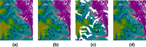 Figure 4. Data-set 2: DTM of mountains area. The colors of points denote theirs heights. Purple points are low-lying terrains and yellow points represent upland. (a) is original DTM, (b) is result of morphological method, (c) is the detected DTM of Terrasolid, (d) is our result.