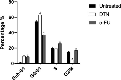 Figure 5. Cell cycle arrested by treatment IC50 concentration of DTN (1.90 µg/ml) and 5-FU (2.61 µg/ml) on HCT-116 cells at 48 h. Data shown are mean of three independent experiments. *P < .05 indicates significant difference against control/untreated. DTN: Dentatin; 5-FU: 5-fluorouracil.