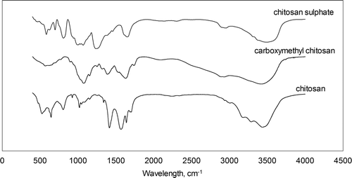 Supplementary Figure S1. FTIR spectra for chitosan, carboxymethyl chitosan and chitosan sulphate. Figura adicional S1. Espectro de FTIR correspondiente al quitosano, carboximetil quitosano y sulfato de quitosano.