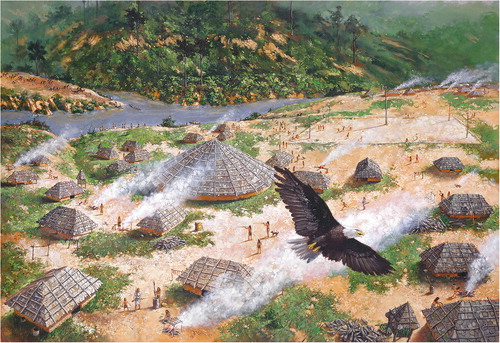 FIGURE 1. Painting by Martin Pate which depicts (upper left corner) the William Bartrum party arriving at the Yuchi Town (Creek) Indian village in July 1776.Credit: Painting by Martin Pate. Courtesy of US Army, Fort Benning, Georgia USA.