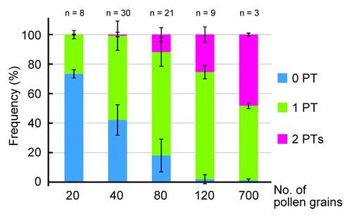 Figure 3. Fertilization recovery system requires an excess of pollen. The relationships between the number of pollen grains and the frequencies of ovules with zero, one and two pollen tubes. Wild-type pistils were pollinated by hap2-1/quartet mutant pollen grains. Blue bars indicate the percentage of ovules without a pollen tube, light-green bars indicate the percentage of ovules with one pollen tube and pink bars indicate the percentage of ovules with two pollen tubes. Two days after pollination, under the restricted condition (20 and 40 pollen grains; ovules > pollen tubes), most ovules accepted either zero or one pollen tube. Under the saturated condition (80, 120 and 700 grains; ovules < pollen grains), most ovules accepted one or two pollen tube(s).