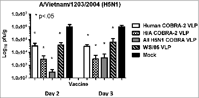 Figure 5. Viral lung titers in mice vaccinated with a single vaccination. BALB/c mice (5 mice/group) vaccinated one time with a 3μg dose with each vaccine plus alum adjuvant and then were infected with 5 × 10e+6 PFU with the clade 1 H5N1 virus A/Vietnam/1203/2004 (VN/04). Mice were monitored daily for weight loss (data not shown) and viral lung titers from selected mice on day 2 and 3 post-infection. Statistical significance of the antibody titer data was determined using 2-way analysis of variance followed by the Bonferroni posttest to analyze differences between each vaccine group for each of the different antigens that were tested (multiparametric). Significance was defined as P < 0.05. Statistical analyses were performed with GraphPad Prism software.