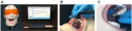 Figure 1 The Managing Accurate Resin Curing-Patient Simulator (MARC-PS) system. (A) The MARC-PS manikin head is connected to a laptop. (B) Light-curing unit placement on the anterior tooth. (C) Light-curing unit placement on the posterior tooth.