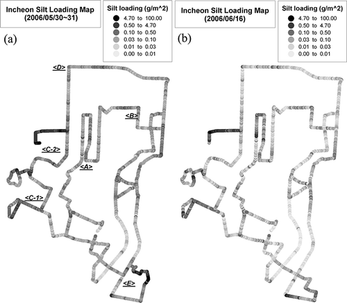 Figure 14. Change in silt loading after rainfall event 2: (a) silt loading map before rainfall and (b) silt loading map after rainfall (A: industrial complex I, B: industrial complex II, C-1 and C-2: port areas, D: industrial complex III, E: industrial complex IV).