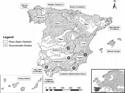 Figure 1 Groundwater bodies in Spain, showing the location of case studies discussed in the text: (1) Sierra de Crevillente; (2) Western La Mancha; (3) Poniente Almeriense; (4) Loma de Úbeda; (5) Western Doñana. Adapted from De Stefano et al. (Citation2013).