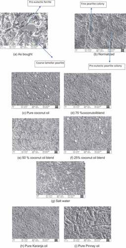 Figure 1. Samples treated with various conditions (a) As bought (b) Normalized (c) Quenched in pure oil (d) 75 % Oil (e) 50 % Oil (f) 25 % Oil (g) Quenched in salt water (h) Quenched in pure karanja Oil (i) Quenced in pure Pinnay oil.