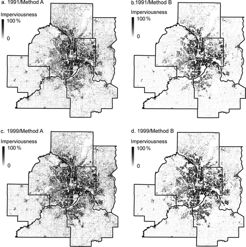 Figure 3. Per cent impervious surface maps of 1991 (a, b) and 1999 (c, d) for both methods (Method A – adjusted impervious surface map with highway centerline and areas greater than 75% imperviousness masked out; Method B – pure residential impervious surface map with all non-residential areas masked out).