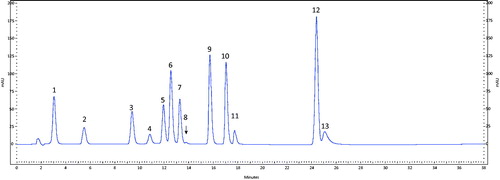 Figure 1. Phenolic acid standard chromatographic. 1. Gallic acid, 2. Protocatequic acid, 3. p-OH benzoic acid, 4. Catechin, 5. Vanilic acid, 6. Caffeic acid, 7. Syringic acid, 8. Epicatechin, 9. p-Cumaric acid, 10. Ferulic acid, 11. Rutin, 12. t-cinnamic acid, 13. Luteolin.