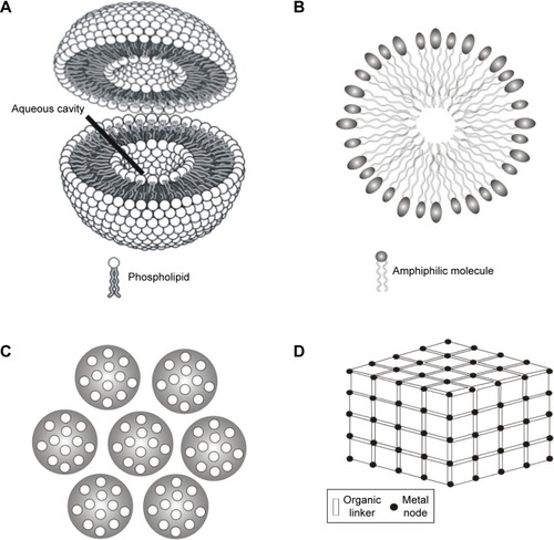 Figure 1 Schematic nanocarrier structures: (A) liposome, (B) micelle, (C) silica nanoparticles, and (D) metal–organic framework.