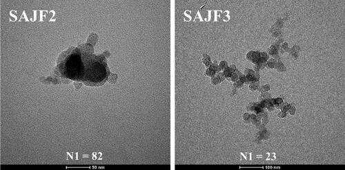 Figure 3. TEM images for the SAJF2 (scale bar is 50 nm) and SAJF3 (scale bar is 100 nm) fuels at the indicated N1 values.