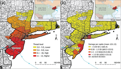 Figure 1. (a) Hurricane threat level and (b) damage per 1000 people during Hurricane Sandy in the affected 53 counties and 1342 zip code areas in the north-eastern US.