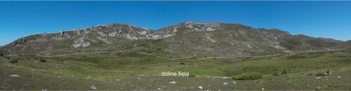 Figure 2. Landscape of the eastern side of Mt. Bistra. Glacial cirques (solid white lines in the background) and the doline field developed in the glacial deposits (limit marked by the dashed white line in the foreground) are visible.