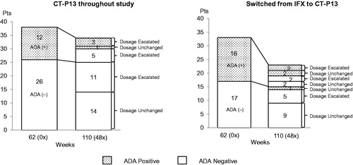 Figure 2. Changes in ADA status at baseline and Week 110 (48×) and the relationship between ADA status and dose of CT-P13 in patients who maintained the CT-P13 treatment throughout study (n = 38) and patients who switched from IFX to CT-P13 (n = 33) in the safety analysis set.