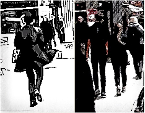 Figure 2. (a) An example of a man dressed in ordinary clothing, running to the subway entrance. (b) An example of two persons both dressed for jogging that was walking along the street.