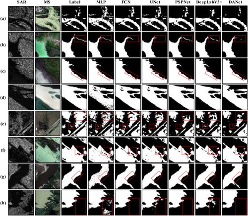 Figure 6. Visual comparison of flood area extraction results. Figure (a) - (h) show eight samples from the test set, along with labels and extraction results. The red boxes in the figure highlight the parts with significant differences between models.