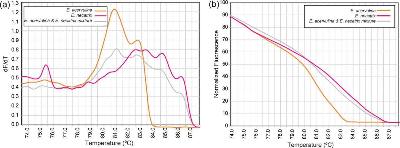 Figure 4.  Conventional (a) and normalized (b) HRM melt curves of E. acervulina, of E. necatrix and of a mixed sample (1:1 ratio).