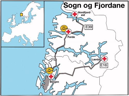 Figure 1. Map of the geographical area with hospitals, roads and HEMS bases. Link to map of HEMS bases in Norway with 30 minutes flying time circles. http://www.luftambulanse.no/sites/default/files/LAT-kart-2015.pdf