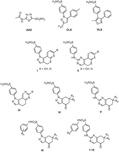 Chart 1. Structures of celecoxib (CLX), valdecoxib (VLX), acetazolamide (AAZ); structures of previously described (I-VI) and newly synthesized (1–12) CAIs.]