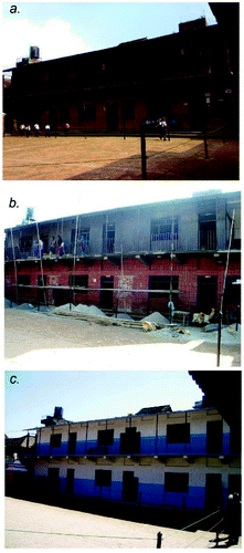 Figure 10. Retrofitting works in the building of Adarsh Secondary School in Bhaktapur district, Kathmandu valley: (a) is before retrofitting, (b) is during retrofitting works (jacketing on the wall with steel reinforcement) and (c) is after completion of retrofitting.