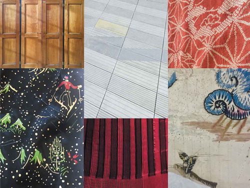 FIGURE 5 Patterns of the urban-fashion nexus. (Details, clockwise from top-left: wooden-panel cupboards at the Clothworkers’ Center, Blythe House, Kensington Olympia; tile in the Sackler Courtyard, Exhibition Road entrance, V&A; Edo-period kimono fabric, tie-dyed with saffron; textile undergoing conservatorial work, Clothworkers’ Center; Evening Cloak, Matilda Etches, 1949, on display in Gallery 40, V&A; 1930s dress, synthetic fabric, acquired with portrait of wearer/owner)