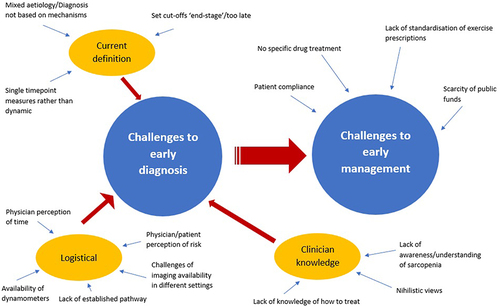 Figure 1 Challenges to early diagnosis and management, including inter-relation between diagnosis and management.