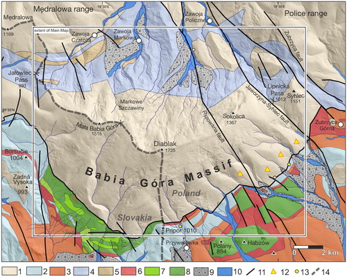 Figure 2. Geological map of the Babia Góra Massif based on CitationKsiążkiewicz (1971, Citation1983); CitationAleksandrowski (1985); CitationTeťák et al. (2016) and Geological Map of the Slovak Republic 1:50,000. Legend: 1 – Magura beds; thick-bedded sandstone-dominated flysch sequence (Upper Eocene); Sub-Magura beds: 2 – Bistrica beds; thin-bedded flysch and marls (Middle Eocene), 3– Beloveža Beds; thin-bedded flysch (Middle Eocene), 4 – Hieroglyphic Beds; thin-bedded flysch (Middle Eocene), 5 – Osielec sandstones (Eocene), 6 – Variegated shales, red and variegated shales (Paleocene–Eocene), 7 – Ropianka Beds; thin- and medium-bedded flysch (Late Cretaceous–Paleocene), 8 – Szczawina sandstones; thick-bedded sandstones and conglomerates (Late Cretaceous), 9 – Alluvial cones (Pleistocene), 10 – River terrace (Holocene), 11 – Faults, 12 – Triangular facets, 13 – Mineral springs, 14 – National border.