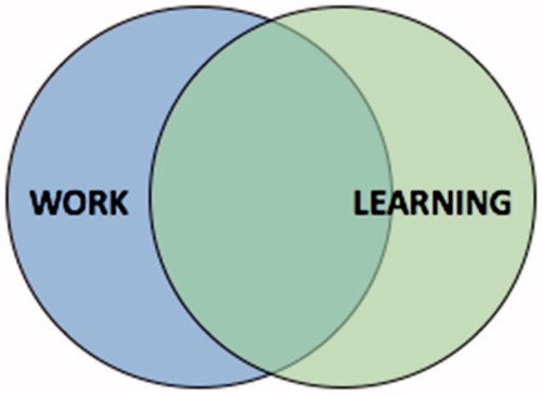 Figure 1. The CLE constitutes the overlap between the domains of work and learning and their congruent and competing rationales.