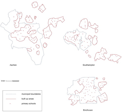 Figure 3. Location of primary schools within the built-up areas of Eindhoven, Aachen and Southampton and their surrounding suburbs. Source: Google Maps.