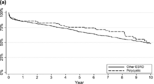 Figure 1. Kaplan-Meier graft survival curves unadjusted (a) and adjusted for age (b).