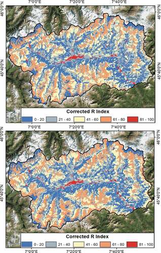 Figure 2. CRI maps for the Valle d’Aosta Region. (a) and (b) are referred to the ascending and descending orbits, respectively. The maps are overlaid on a ESRI World Imagery map