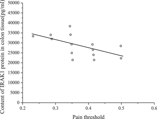 Figure 4. Relationship between IRAK1 content in colon tissue and visceral pain threshold in mice