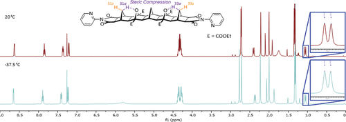 Figure 6. VT 1H NMR stackplot of 2-pyridyl [5]polynorbornane 2 (9.00–0.75 ppm), CDCl3, 500 MHz. Insets display the doublet assigned to the 31s and 33s protons.