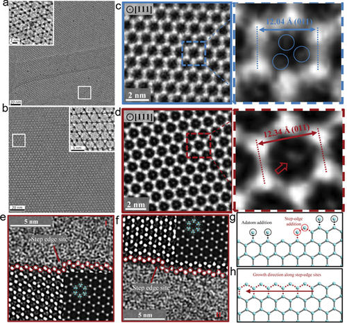 Figure 5. HRTEM images of (a) Mn12Ac@NU-1000 and (b) pristine NU-100 (reproduced from ref. 113). CTF-corrected denoised images of (c) a ZIF-8 particle and (d) a CO2-filled ZIF-8 particle. (e, f) Cryo-EM images of two edges of a ZIF-8 particle (inset: simulated TEM images with overlaid atomic structures). (g) Schematic of possible surface additions of Zn clusters during ZIF-8 growth. (h) Schematic of ZIF-8 growth initiated at the step-edge site. (reproduced from ref. 114).
