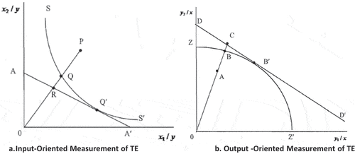 Figure 1. The input-and-output oriented measurement of technical efficiency.