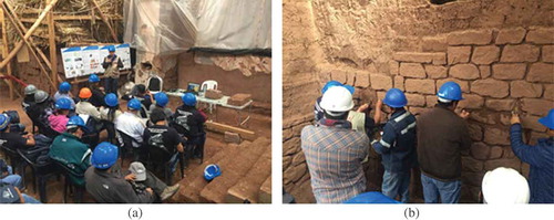 Figure 2. SRP workshop: (a) participants attending the non-destructive testing demonstration; and (b) participants applying different mixes of mortar on stone masonry