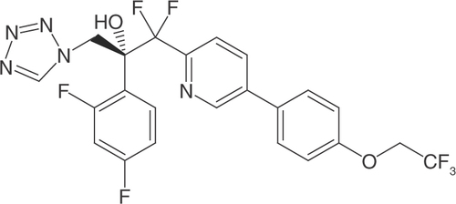 Figure 1. Structural formula of oteseconazole (VT-1161).Unlike previous azoles, which contain an imidazole or triazole moiety that binds the human cytochrome P450 (CYP), oteseconazole has a tetrazole moiety (five-member ring of four nitrogen atoms and one carbon atom), with improved target selectivity, and does not bind to human CYP51. Oteseconazole strongly binds CYP51 of Candida species due to the attenuated interaction between the metal binding groups and the heme cofactor.
