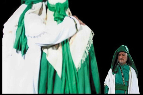 Figure 1. The positive group of Ta’ziyeh performers called olya, movafegh-khan, or “approving actors” (protagonists). They appear in green and white cloaks which signify blessing, perception, sacredness, and goodness (Mousavi, Citation2009).