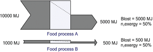 Figure 6. Grassmann diagrams of two different food processes that have the same exergetic efficiency.
