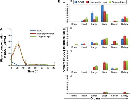 Figure 4 Pharmacokinetics (n=4) and organ distribution analysis (n=4) using HPLC.Notes: (A) Plasma concentration of DOCT versus time profile obtained from blood drawn from the retro-orbital sinuses at different time points from mice treated with free DOCT, DOCT-γ-PGA Nps (nontargeted Nps) and CET MAb-DOCT-γ-PGA Nps (targeted Nps). (B) Concentration of DOCT extracted from organs excised from mice treated with free DOCT, nontargeted DOCT-γ-PGA Nps and targeted CET MAb-DOCT-γ-PGA Nps at (a) 30 min, (b) 2 h, (c) 1 day and (d) 4 days postinjection. Values represent mean ± SD of four independent animals (n=4).Abbreviations: γ-PGA, poly(γ-glutamic acid); CET MAb, cetuximab monoclonal antibody; DOCT, docetaxel; HPLC, high-performance liquid chromatography; Nps, nanoparticles; NT Nps, nontargeted Nps; T Nps, targeted Nps.
