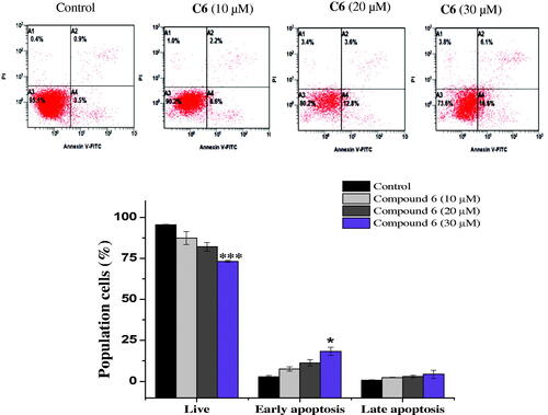 Figure 4. Apoptosis detection in MCF-7 cells using annexin V − FITC/PI double-staining assay. Cells were treated with 10, 20 and 30 μM of C6 for 24 h. Dot plots: Necrotic cells (A1), live cell (A2), late apoptotic cells (A3) and early apoptotic cells (A4). The quantitative analyses of apoptotic cells are shown in bar graphs. Data are expressed as average ± SD of three experiments.