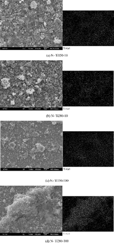 Figure 5. SEM micrographs and EDX results of TiO2-treated specimens.