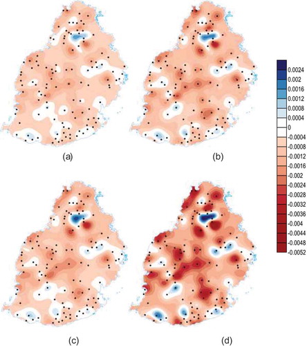 Figure 7. Spatial distribution of SPI trend at (a) 3-month, (b) 6-month, (c) 12-month and (d) 24-month time scales.