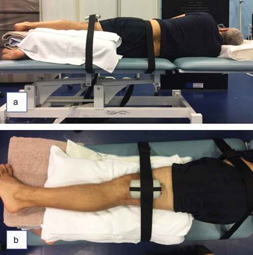 Figure 1. Hip abductor strength test. (a) posterior view, (b) superior view. The participant was in a side-lying position with the tested leg uppermost in the neutral position. The dynamometer mounted against a stabilization strap was held perpendicular to the leg