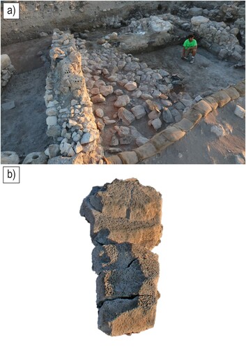 Figure 11 a) The pavement of the new Level Q-7a building erected above Building 14/Q/145, looking north-east; note the third pillar of Building 14/Q/145 on the right side of the photo; (b) one of the broken stelae, which originated from the pavement of Building 16/Q/48 (courtesy of the Megiddo Expedition).
