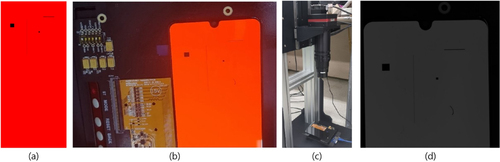 Figure 2. (a) Artificial defect source image example; (b) Output device and (c) Camera sensors and mounts; (d) Acquired raw image (14,192 × 10,640).