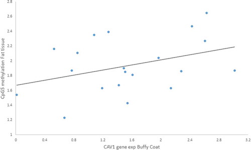 Figure 7. Positive Pearson correlation between CpG5 of fat tissue and Caveolin-1 (CAV1) expression in buffy coat of patients with impaired glucose regulation (IGR) after the lifestyle intervention. r = 0.617, p = 0.043