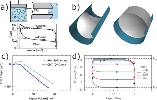 Figure 4. Drying process in a cylindrical nanopore: a) experimental results from [Citation22]; b) bubble morphologies predicted by CNT; c) comparison of free energy from atomistic simulations (circles) and CNT (green line); d) drying/wetting cycles in cylindrical nanopores for different durations of the cycle. Panel a) is adapted from [Citation22], panels b-d) from [Citation21].